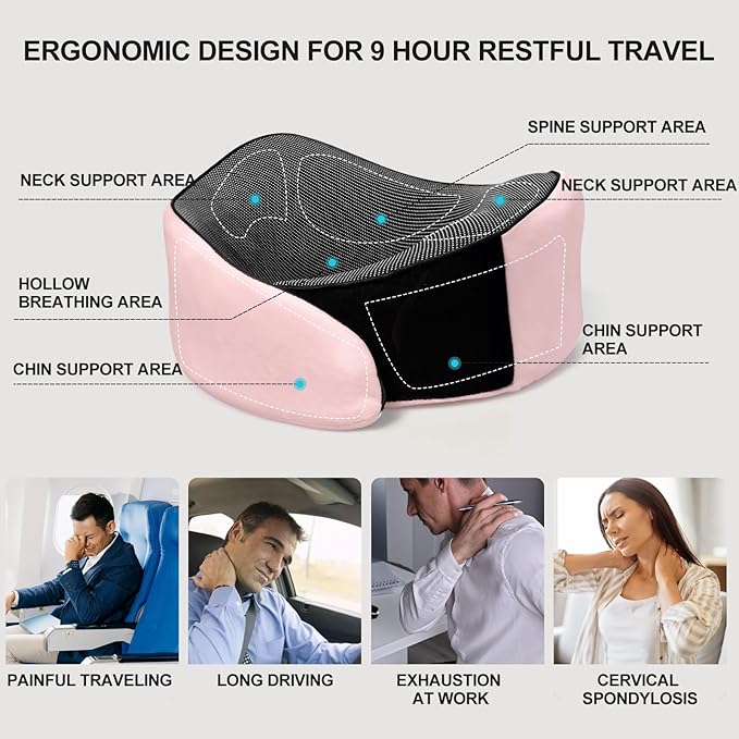 Travel Neck Pillow Airplane, Travel Pillow for Sleeping, Chin Support Flight Pillows, Ergonomic Design Memory Foam Pillows for Car, Soft Neck Surround Pillow (Pink)