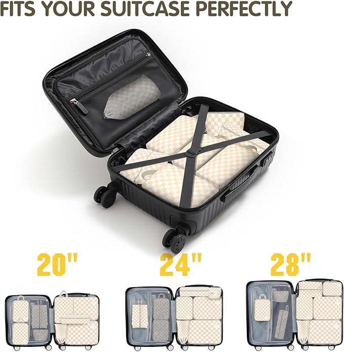 8 Set Compression Packing Cubes Travel, Lightweight Durable Packing Compression Cubes, Accessories Bags Packing Cubes for Travel Luggage Organizer (Khaki Checkered)