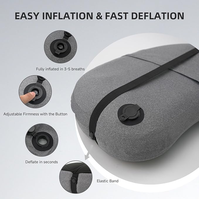 AIRSPIRIT Ultralight Camping Pillow Inflatable with Removable Washable Cover, Compact Travel Pillow for Neck Support, Hiking, Backpacking, Office, Airplane, Car & Beach - Adjustable Firmness (Black)