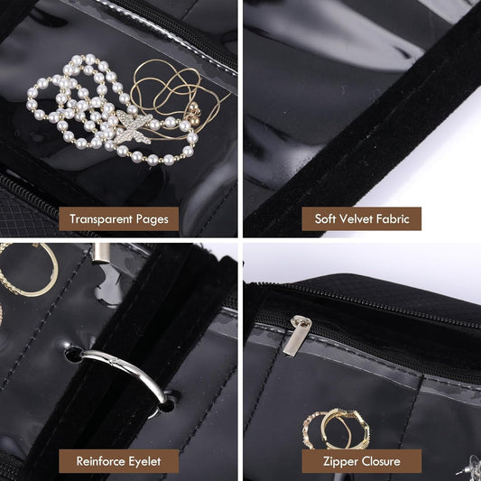 GSXRB Waterproof Anti-Tarnish Jewelry Organizer for Travel - Large Capacity Foldable Jewelry Box with 36 Compartments, Portable Earring Necklace Ring Organizer (Black)