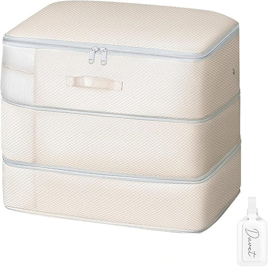 Comforter Storage Bag - Large Capacity Blanket Storage Bags 3-Layer Ultra Space Saving Self Compression Organizer, Washable Compression Bags for Storage Comforter Blanket, 1-Pack, Beige