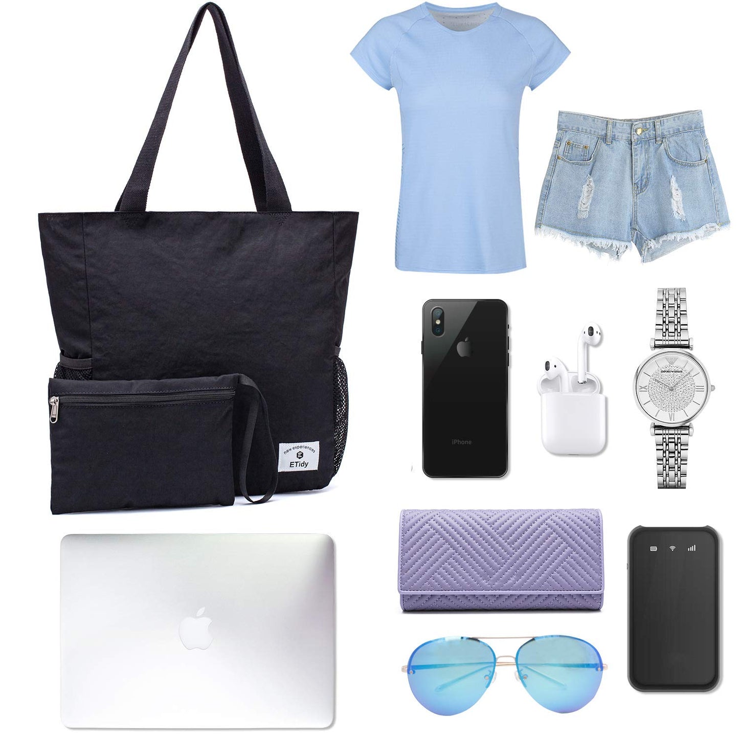 ETidy Large Capacity Foldable Tote Bag With Zipper Water-resistant Sandproof Women Beach Bag Handbag Gym Bag Travel Shopping Bag(Black)