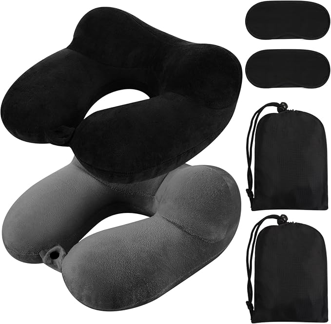 Sintuff 2 Pack Inflatable Travel Pillow for Airplanes Inflatable Neck Flight Pillows with Compact Bag and Blindfold for Traveling, Airplane, Train, Car, Office(Black and Dark Gray)