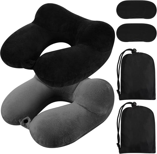 Sintuff 2 Pack Inflatable Travel Pillow for Airplanes Inflatable Neck Flight Pillows with Compact Bag and Blindfold for Traveling, Airplane, Train, Car, Office(Black and Dark Gray)