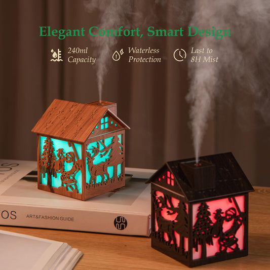 Mini Christmas Humidifier, 240ml Cool Mist Wooden House Humidifier with Santa Silhouette, 7-Color LED Lights, USB Powered, Quiet & Auto Shut-Off for Bedroom Home Office (Light Wood)