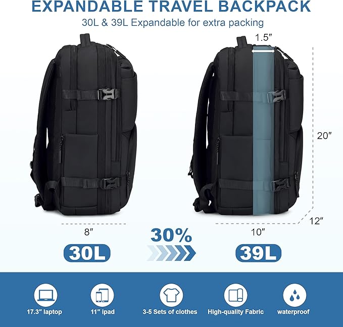 Carry On Travel Backpack, 35L-40L Expandable Extra Large Airline Approved,Lightweight Daypack for Men and Women