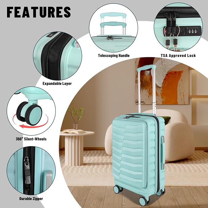 22×14×9 Airline Approved Carry On Luggage with Front Open Pocket Expandable, Spinner Wheels, ABS+PC Hardshell Small 20inch Suitcase with Protective Cover and Luggage Tag, Mint Green