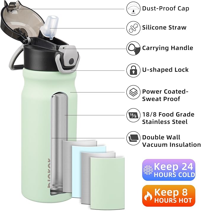 BJPKPK Stainless Steel Insulated Water Bottle With Straw Lid 18oz Reusable Metal Thermo Bottles Keep Cold And Hot,Sage