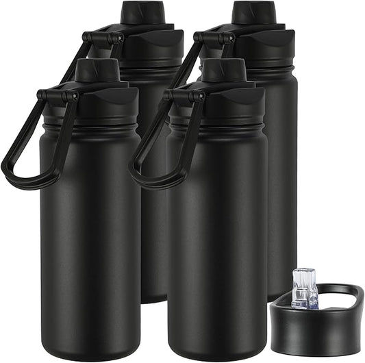 16 oz Insulated Water Bottle with Straw Lids, Stainless Steel Kids Water Bottles for School, Double Wall Vacuum Metal Water Bottle with Straw & Wide Mouth Lid, Black 4 Pack