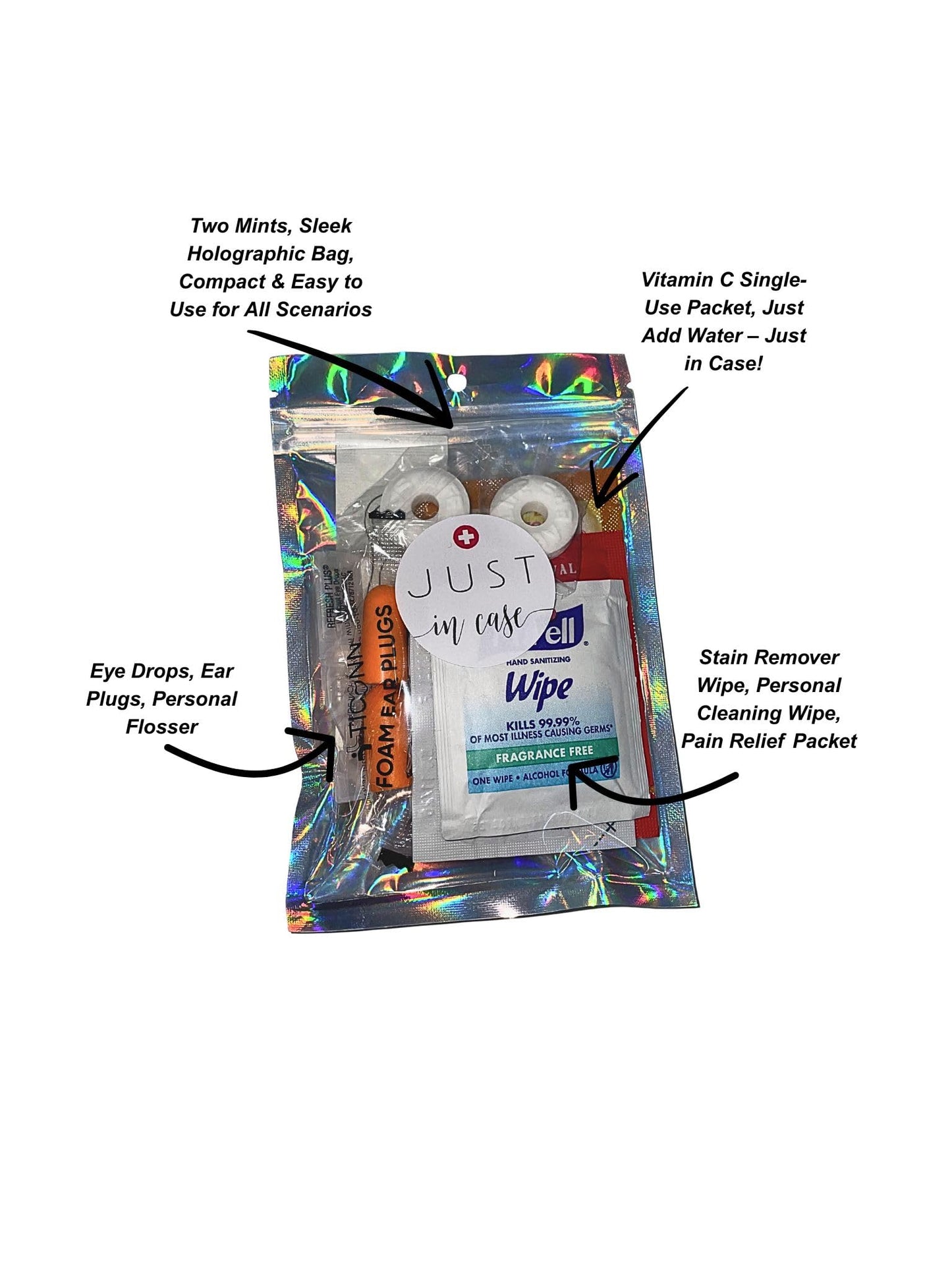 Travel Kit – Pre-Packed TSA-Approved Bag | Compact Goodie with Pain Relief, Stain Remover Wipe, Ear Plugs, Vitamin C, Eye Drops & Mints for Flights, Road Trips & Vacations