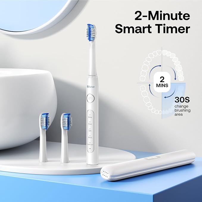 Bitvae Ultrasonic Electric Toothbrush for Adults and Kids, ADA Accepted Travel Toothbrush with Rechargeable 60-Day Battery Life, 5 Modes, 8 Heads, Case, Holder, Frost White