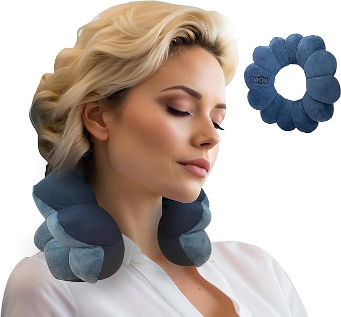 Total Pillow Donut Pillow for Airplane & Travel, Sleeping Neck Pillow, Microbead Comfortable Pillow for Neck, Head, Back, Lumbar & Pelvic Support, Twists to Many Positions - Blue