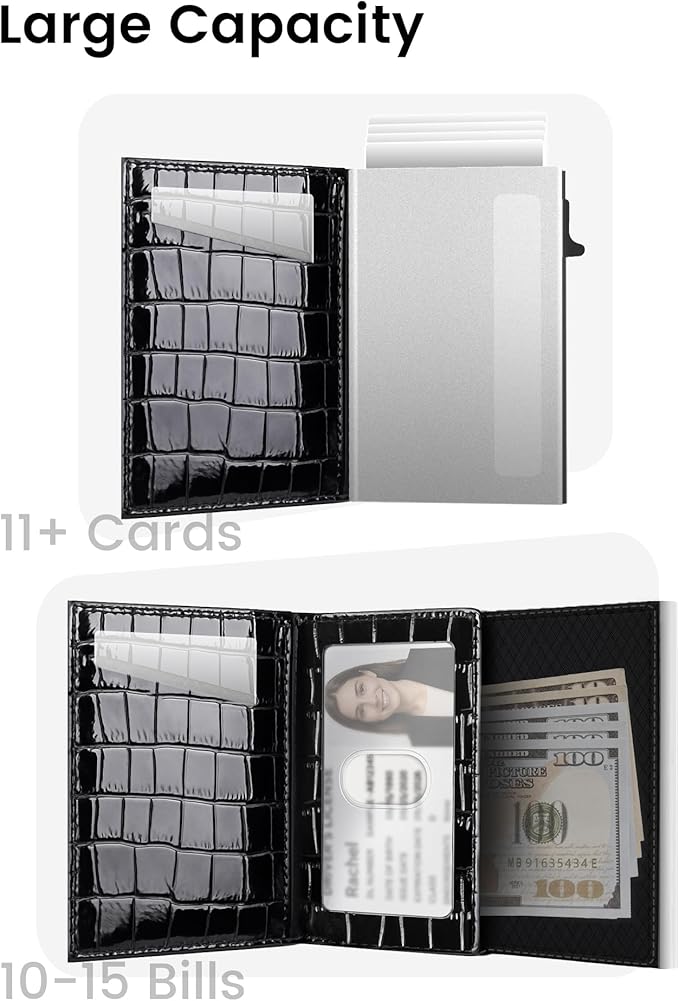 Women's Small Wallet - Sleek & Secure - RFID Blocking Compact Wallet with Slim Lightweight Pop Up Credit Card Holder, Premium Black Leather Capacity 11+ Cards Plus Cash & ID, Gift for Her