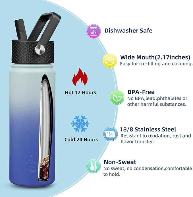 BJPKPK Insulated Water Bottles with Straw Lid, 22oz Cold & Hot Thermo, Stainless Steel Metal Water Bottle with 3 Lids, Reusable Thermo, Cups, Mugs for Daily Use-Sky