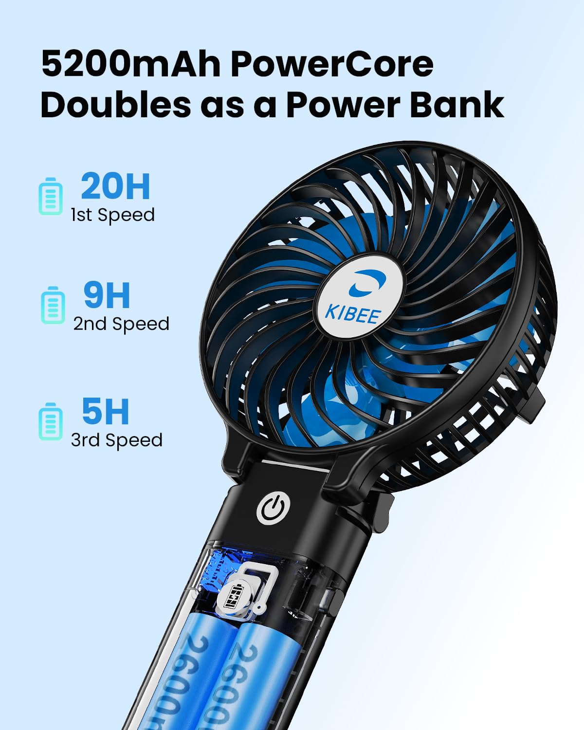 KIBEE Portable Handheld Fan - 5200mAh USB Rechargeable [20H Max Runtime] with Power Bank, Foldable 180° Mini Personal Fan, 3-Speed with Stand for Travel/Outdoor/Makeup/Concerts (Black)