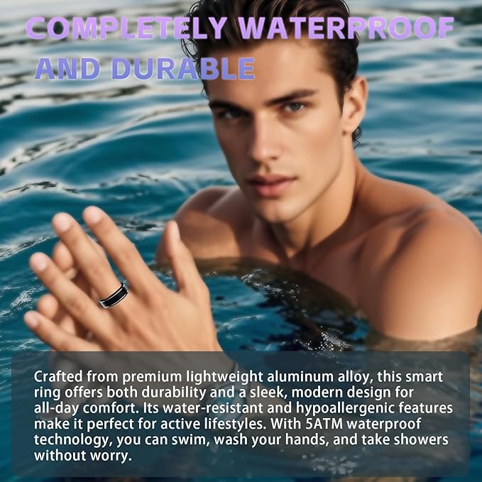 Activity Tracker Ring for Men – Smart Ring with Heart Rate, SpO2, Blood Pressure, Sleep Monitoring, Step & Calorie Counter, 5ATM Waterproof, No Subscription Fee (Black, 7)