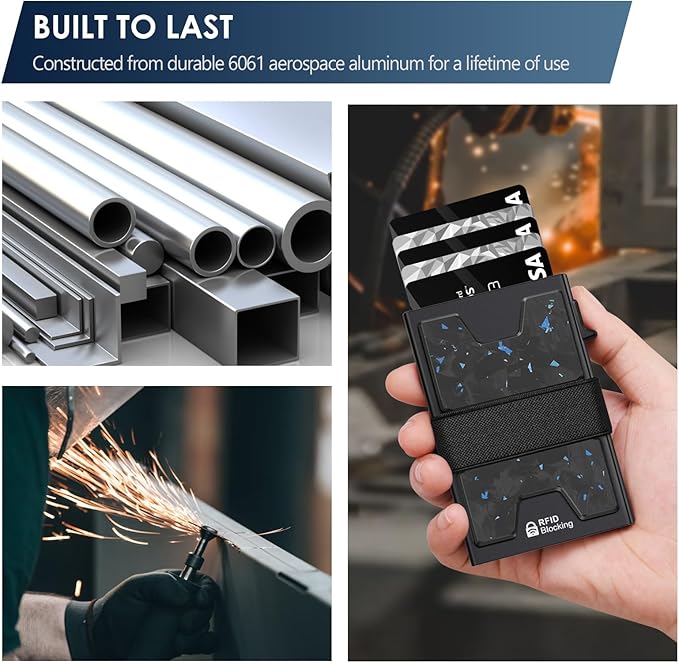 AUTLEY Slim Card Holder, Minimalist Pop Up Wallet for Men, RFID Blocking Mens Wallet with Cash Band (Blue Spot Carbon Fiber)