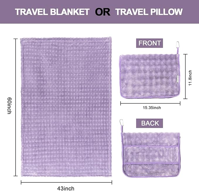 SOCHOW Travel Blanket for Airplane Train and Car, Soft Travel Blanket or Pillow 2 in 1 Compact with Portable Bag Pillowcase, Flight Blanket with Luggage Sleeve and Backpack Clip, Dusty Purple