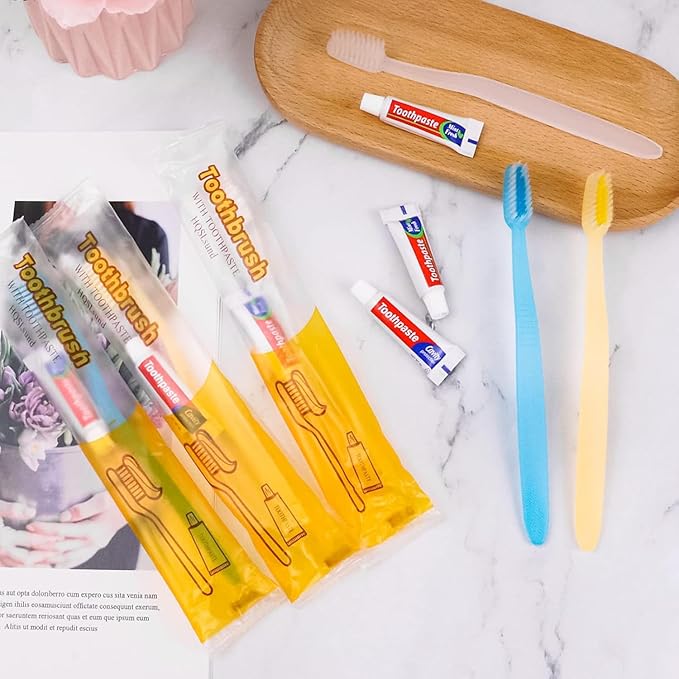 210 Pack Disposable Toothbrushes with Toothpaste Individually Wrapped Disposable Toothbrushes Bulk Travel Toothbrush Kit for Hotel Guest, 3 Colors