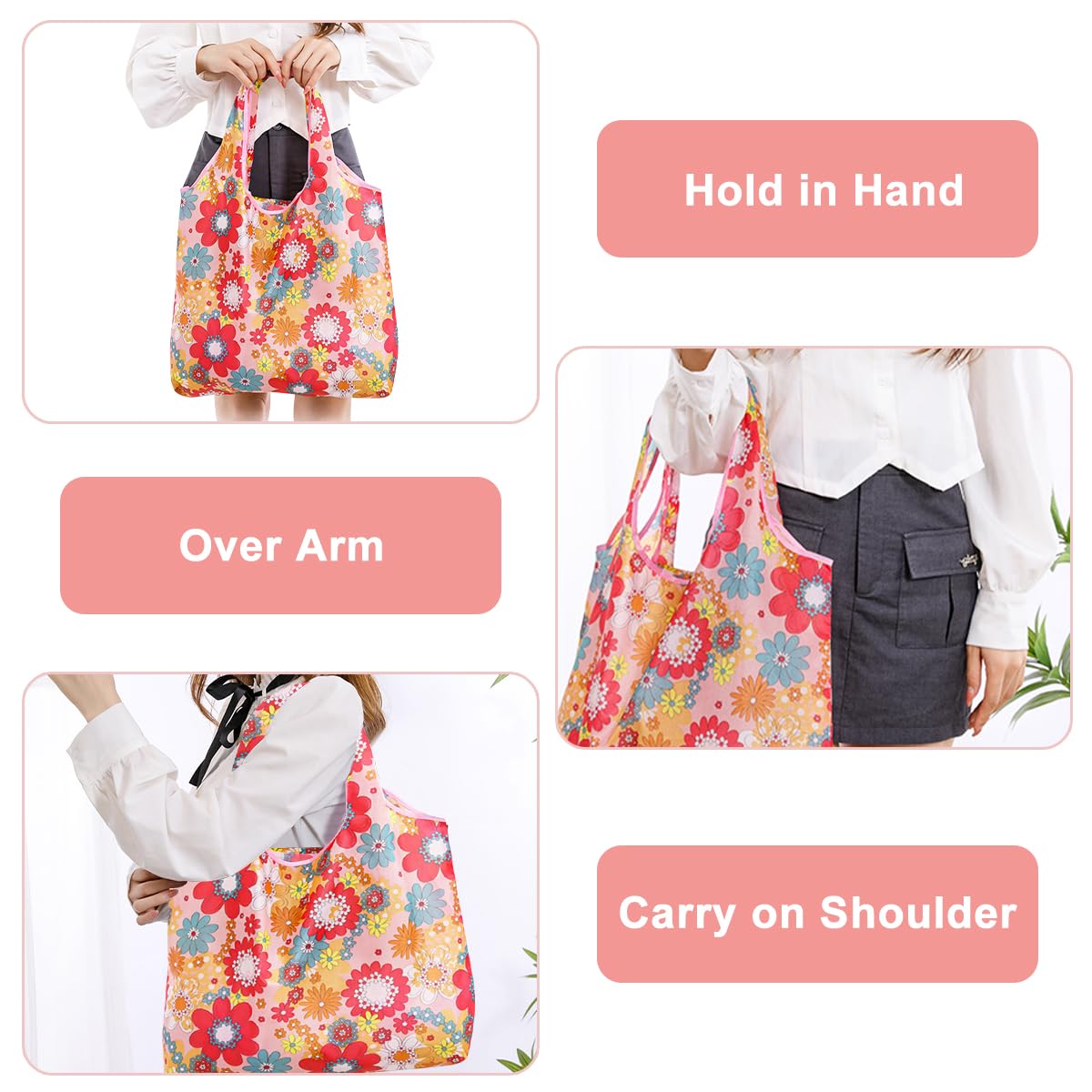 DIBALIYI 8 Pcs Reusable Floral Grocery Bags, Foldable Washable Fashion Shopping Bags, Portable Eco-friendly Tote Bag Gifts for Women, Cute Waterproof Flower Travel Recycle Bag for Supermarket (8Pcs)