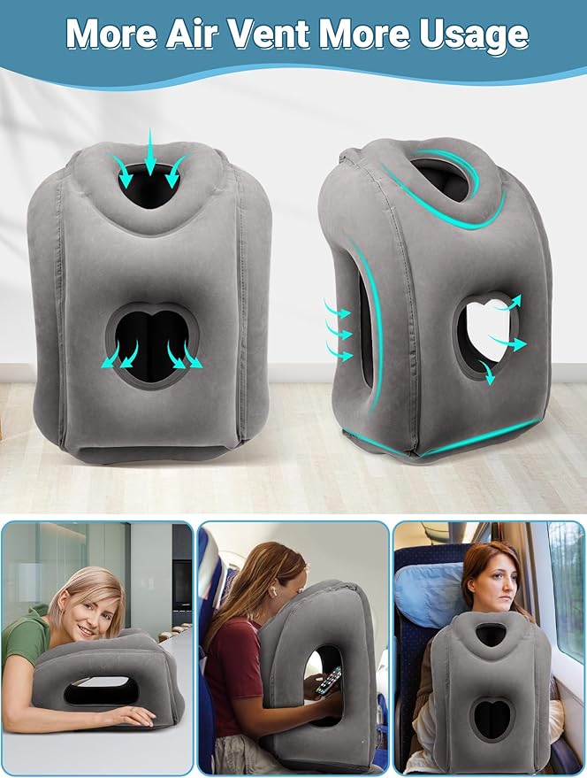 Maliton Inflatable Travel Pillow for Airplane Comfortable Sleeping to Relieve Neck and Shoulder Pain, Support Head Inflatable Pillow for Long Flights, Used for Airplanes, Cars, Trains(Dark Grey)