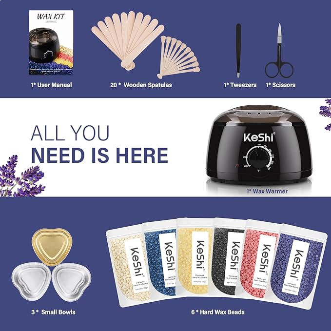 KeShi Waxing Kit, Painless Hair Removal Wax Warmer with 6 Bags Hard WaxBeans for Full Body, Legs, Face, Eyebrows & Bikini— Ideal for Both Women & Men
