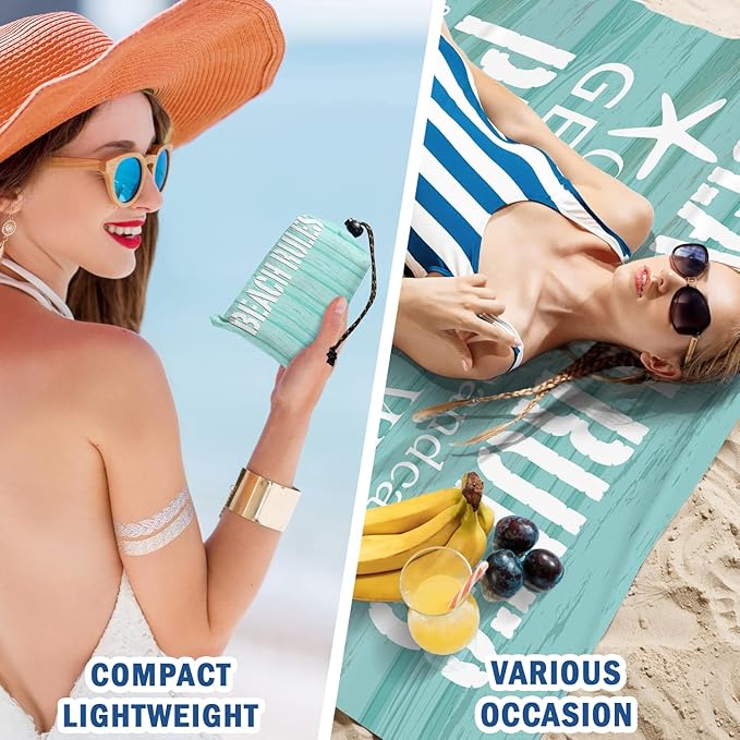 Beach Rules Pocket Picnic Blankets, Blue Seashell Coastal Mini Beach Camping Blanket Waterproof Sandproof, Rustic Sea RV Outdoor Picnic Blanket Mat Gifts for Camper Campsite Travel 55x60in