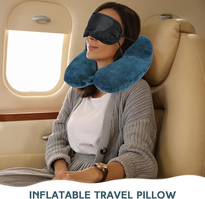 Sintuff 2 Pack Inflatable Travel Pillow for Airplanes Inflatable Neck Flight Pillows with Compact Bag and Blindfold for Traveling, Airplane, Train, Car, Office(Peacock Green and Black)