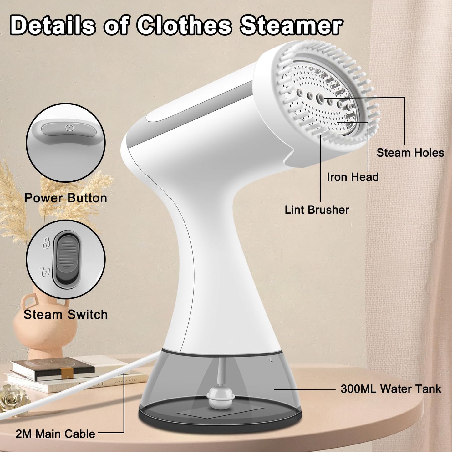BUNUD Clothes Steamer Handheld 1500W: 20S Heat-up Garment Steamer for Clothes with 300ml Water Tank - Portable Fabric Wrinkle Remover - Steam Iron 2 In 1 with Brush for Home/Office/Travel (White)
