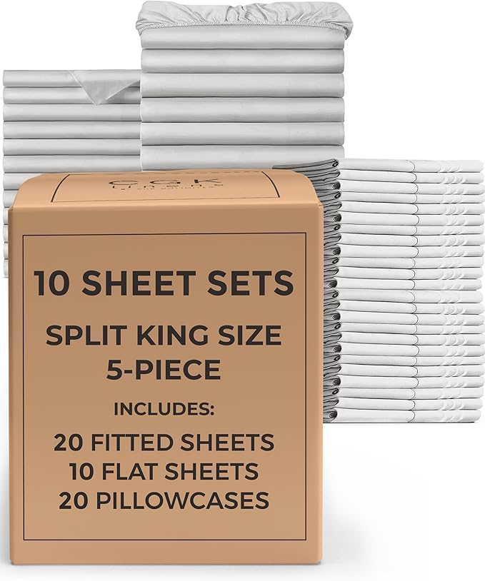 Bulk Case Pack of 10 Sheet Sets - (10) Complete Split King Size Sheet Sets with Deep Pockets - Wholesale Bulk Bedding for Hotels, Spas & Airbnbs - Breathable & Wrinkle Free - (Split King, French Grey)