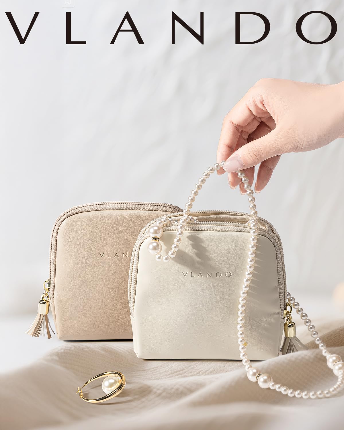 Vlando Small Travel Jewelry Case,Travel Gifts for Women,Jewelry Pouch Bags with Zipper,Velvet Jewelry Organizer Storage Bag for Bracelet Rings Earring-Cream White