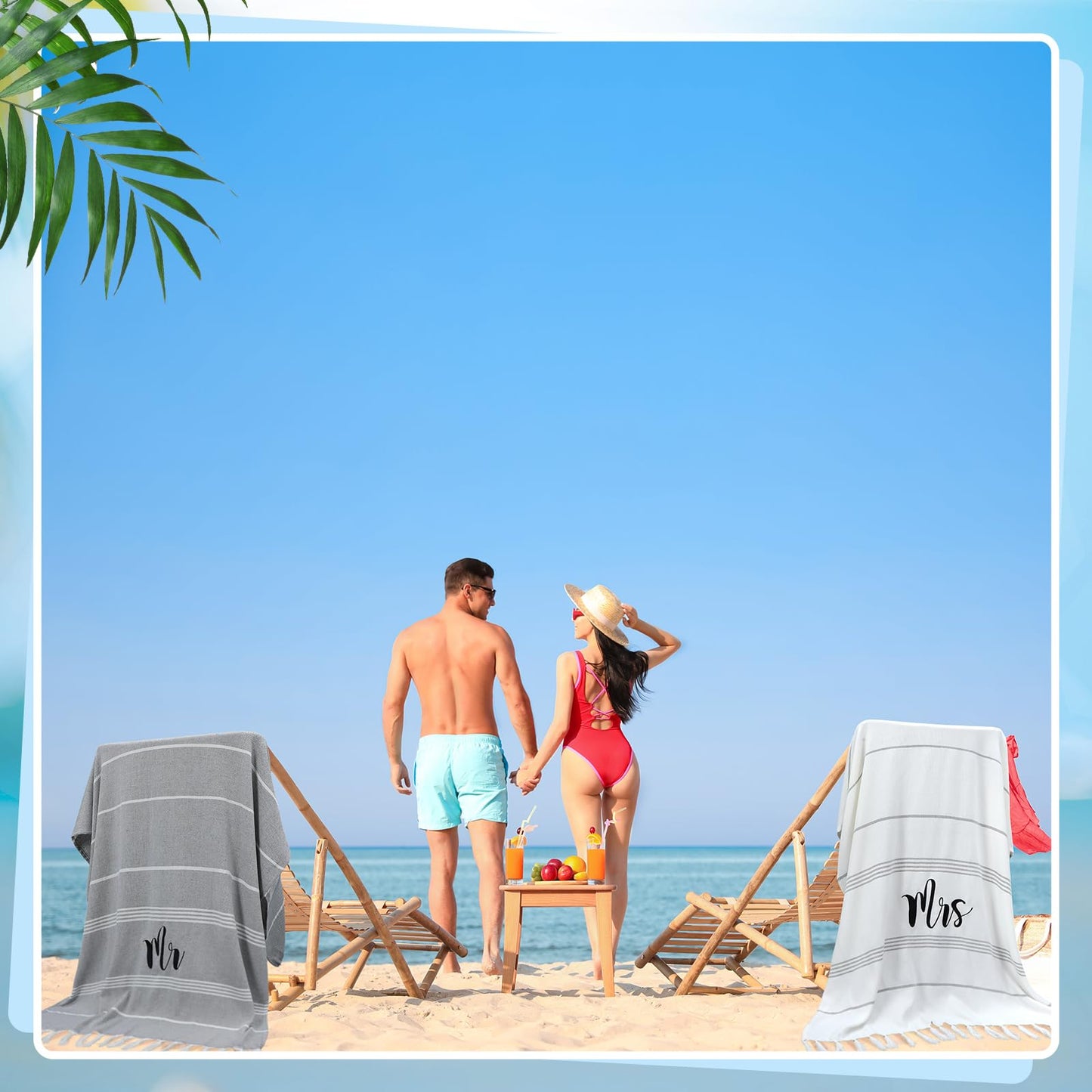 Preboun 2 Pcs Mr and Mrs Turkish Beach Towels Decorative Mr and Mrs Gift Embroidery Stripe Turkish Beach Towels for Honeymoon Newlywed Couple Wedding Gift 71 * 39 inch(Grey, White)