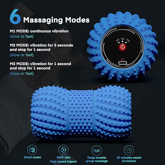 2 in 1 Vibrating Peanut Massage Ball with 6 Massaging Modes, Rechargeable Vibrating Massage Yoga Roller Ball for Muscle Recovery, Blue