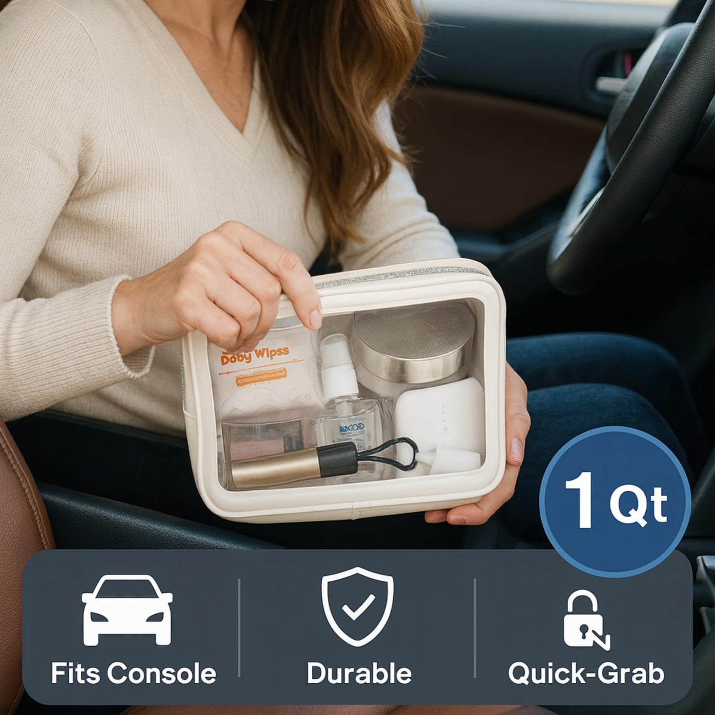 PACKISM Clear Makeup Bag - Soft Plastic Color-Edged TSA Approved Toiletry Bag, Reusable Clear Toiletry Bags with Golden Zipper, Beige