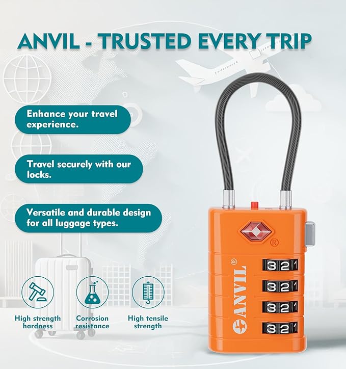ANVIL 4 Digit Luggage Locks, TSA Locks for Luggage, Advanced TSA008 core, Alert Indicator for Your Travel Lock, Suitcase Lock. (4, Orange)