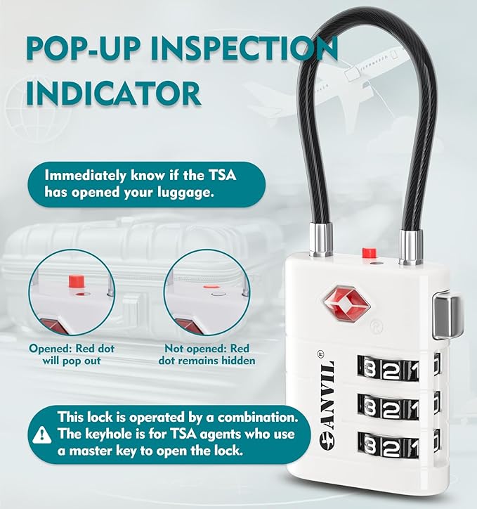 ANVIL TSA Approved Luggage Locks – High Security TSA008 Combination Travel Locks with Inspection Indicator for Suitcases and Backpacks. (3, White)