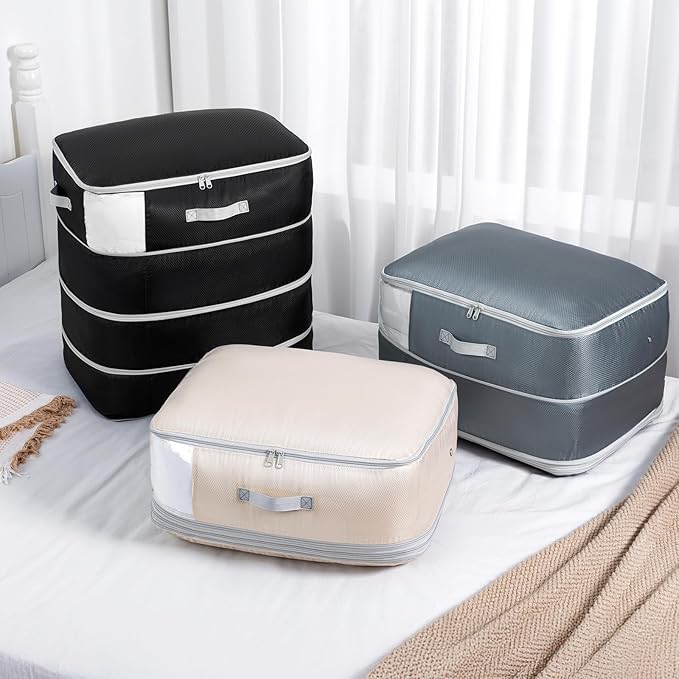 Comforter Storage Bag - 130L Large Capacity Blanket Storage Bags 4-Layer Ultra Space Saving Self Compression Organizer, Washable Compression Bags for Storage Comforter Blanket, 4-Pack, Black