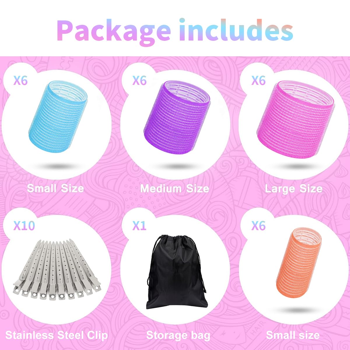 34Pcs Hair Roller Set with Clips, Self-Grip Hair Rollers for Volume, Salon Hairdressing Curlers and DIY Hairstyles, 4 Sizes Rollers Hair Curlers in a Storage Bag