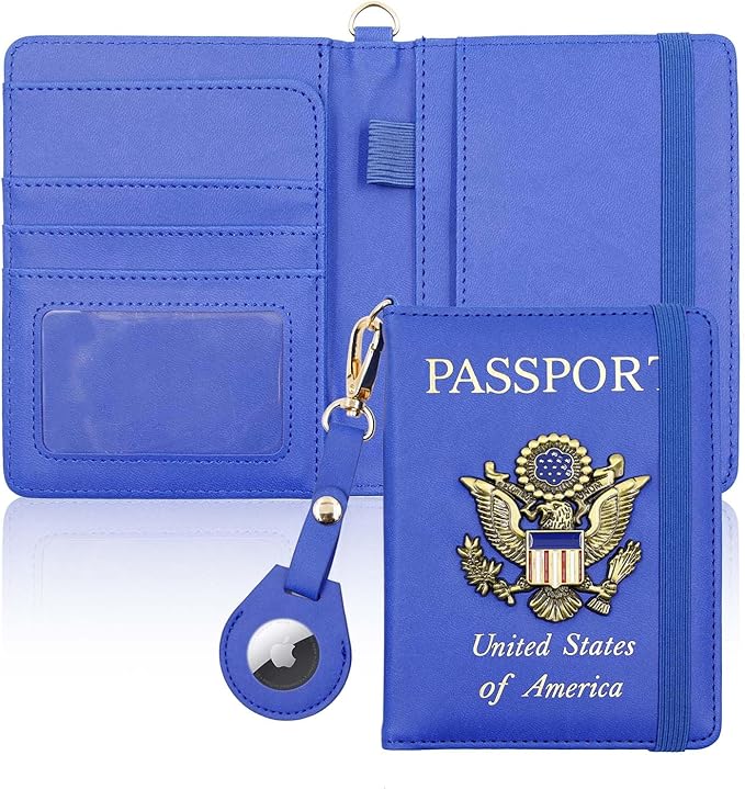 Cnycmy Passport Holder with Airtag Slot, Women's Travel Wallet, RFID Protection, Waterproof, Family Size (Dark Blue)