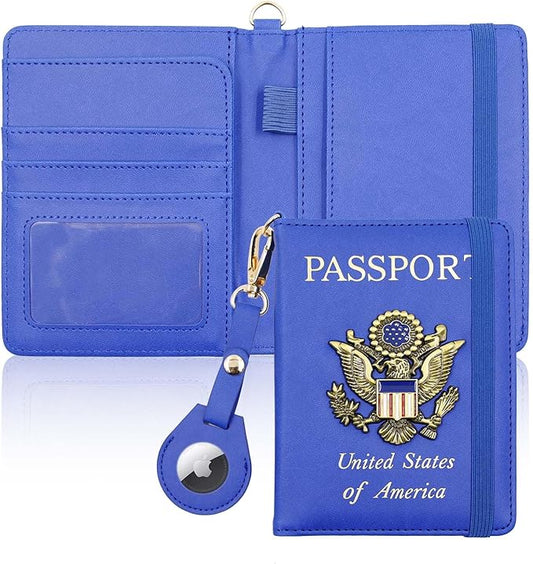 Cnycmy Passport Holder with Airtag Slot, Women's Travel Wallet, RFID Protection, Waterproof, Family Size (Dark Blue)