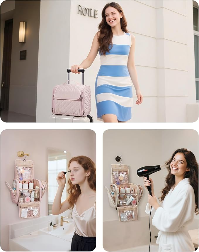 BAGSMART Travel Toiletry Bag, Large Capacity Cosmetic Bags for Women with Hanging Hook, Water-resistant for Toiletries Accessories Brushes Sponge, With Handle