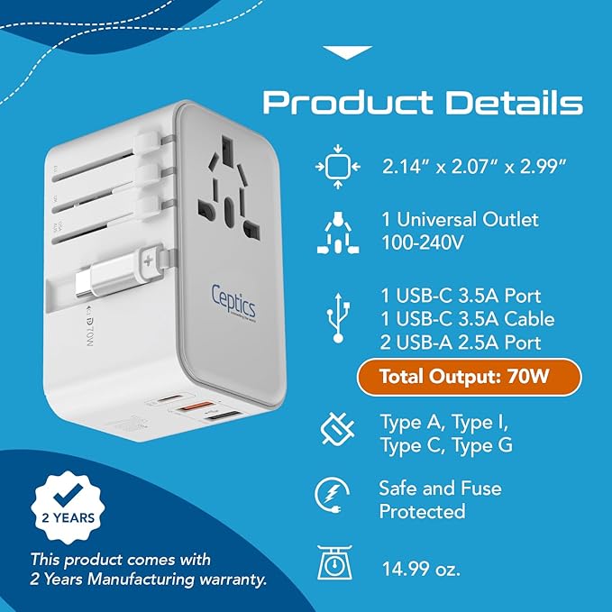 Ceptics GAN 70W Universal Travel Adapter with 65cm Retractable USB-C Cable, 2X USB-A (1x QC 3.0), 1x Type C Port (PD 70W), Universal Power Adapter with Type A, C, G, I Output