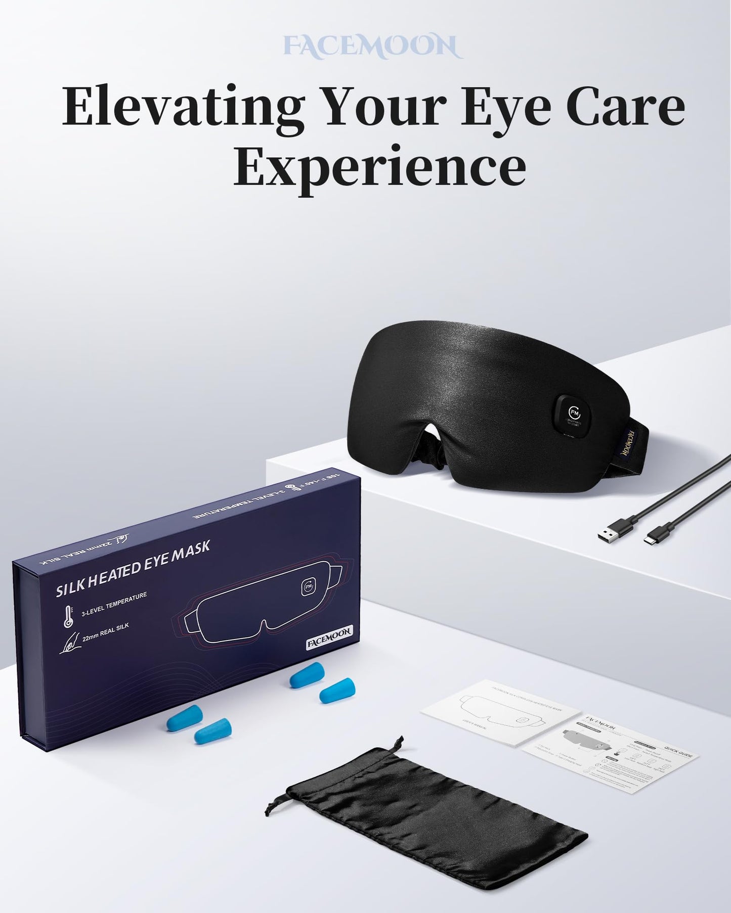 Heated Eye Mask for Dry Eyes - Silk Cordless Warm Eye Compress Moist Heat, Eye Heating Pad for Stye Treatment, Tired Eyes, Sleep, Travel, Washable, Rechargeable, Black