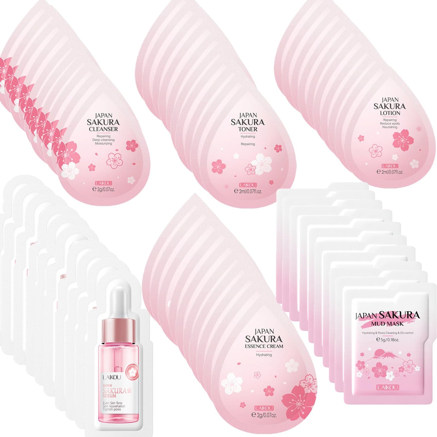 60 Mini Travel Skincare Products, Mini Travel Items Including Face Wash, Serum, Toner, Lotion, Moisturizing Cream, Sakura Mud Mask, Face Skin Care Routine Kit Organic Skin Care Set