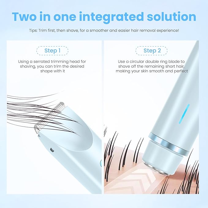 Bikini Trimmer for Women-2 in 1 Dual Head Electric Razors,IPX7 Waterproof Bikini Electric Shaver,Dry & Wet Use Painless Bikini Shaver,Pubic Hair Trimmer for Private Area & Body Hair,Blue