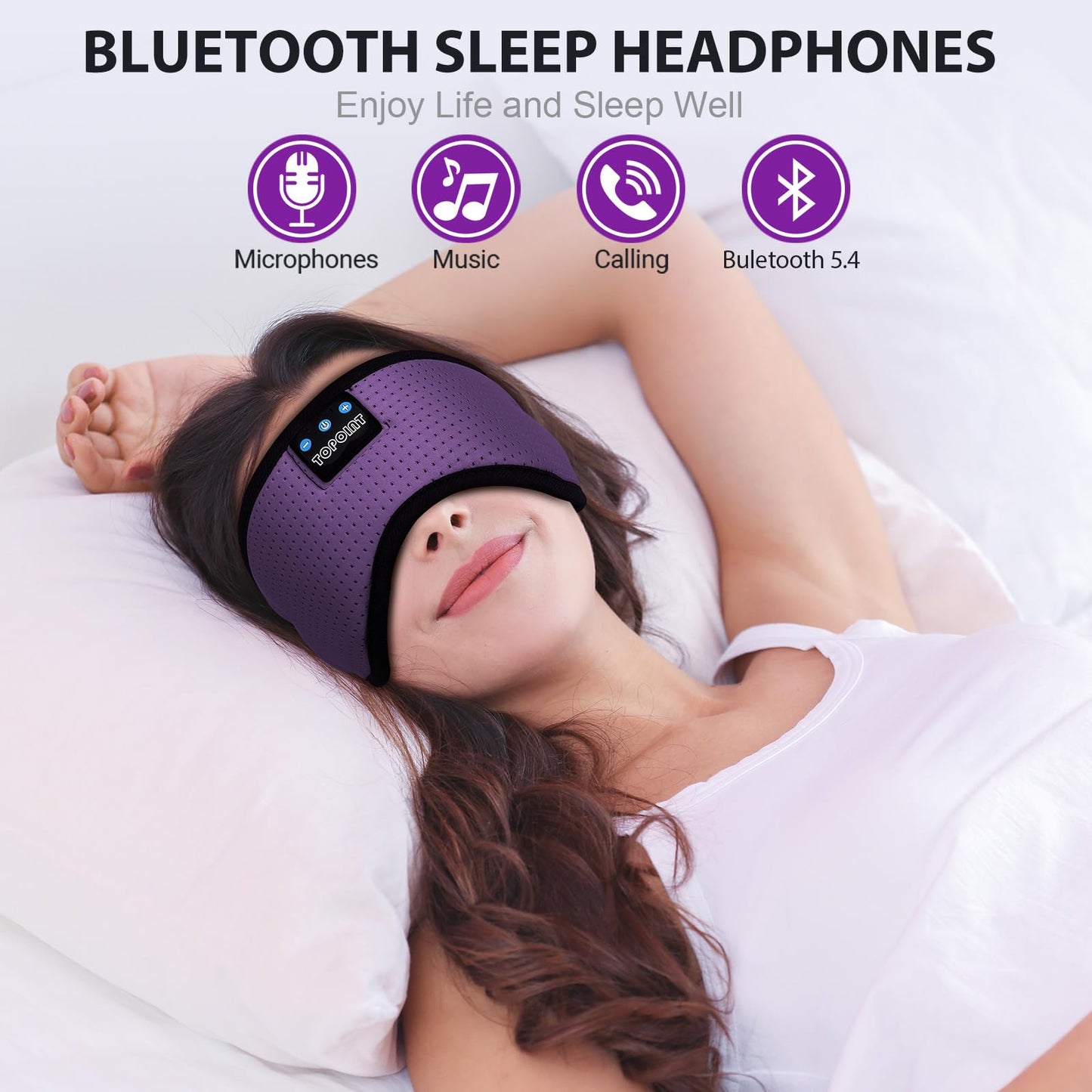 TOPOINT Sleep Mask with Bluetooth Headphones, Breathable Silk Eye Mask for Sleeping Men Women, Bluetooth Sleep Mask Blackout with Speakers, Microphone Handsfree, USB C for Travel Meditation Gifts