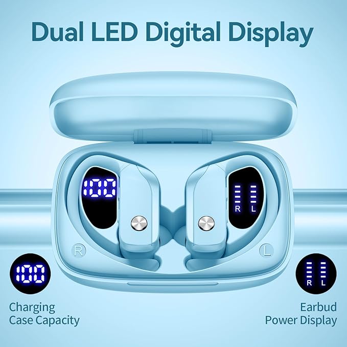 bmani Ear Buds Wireless Earbuds Bluetooth Headphones with 80H Playtime LED Display Case, Over-Ear Hook with Mic, Stereo Sound, Easy Button Controls, Sports Earphones for Running Workout Sky Blue
