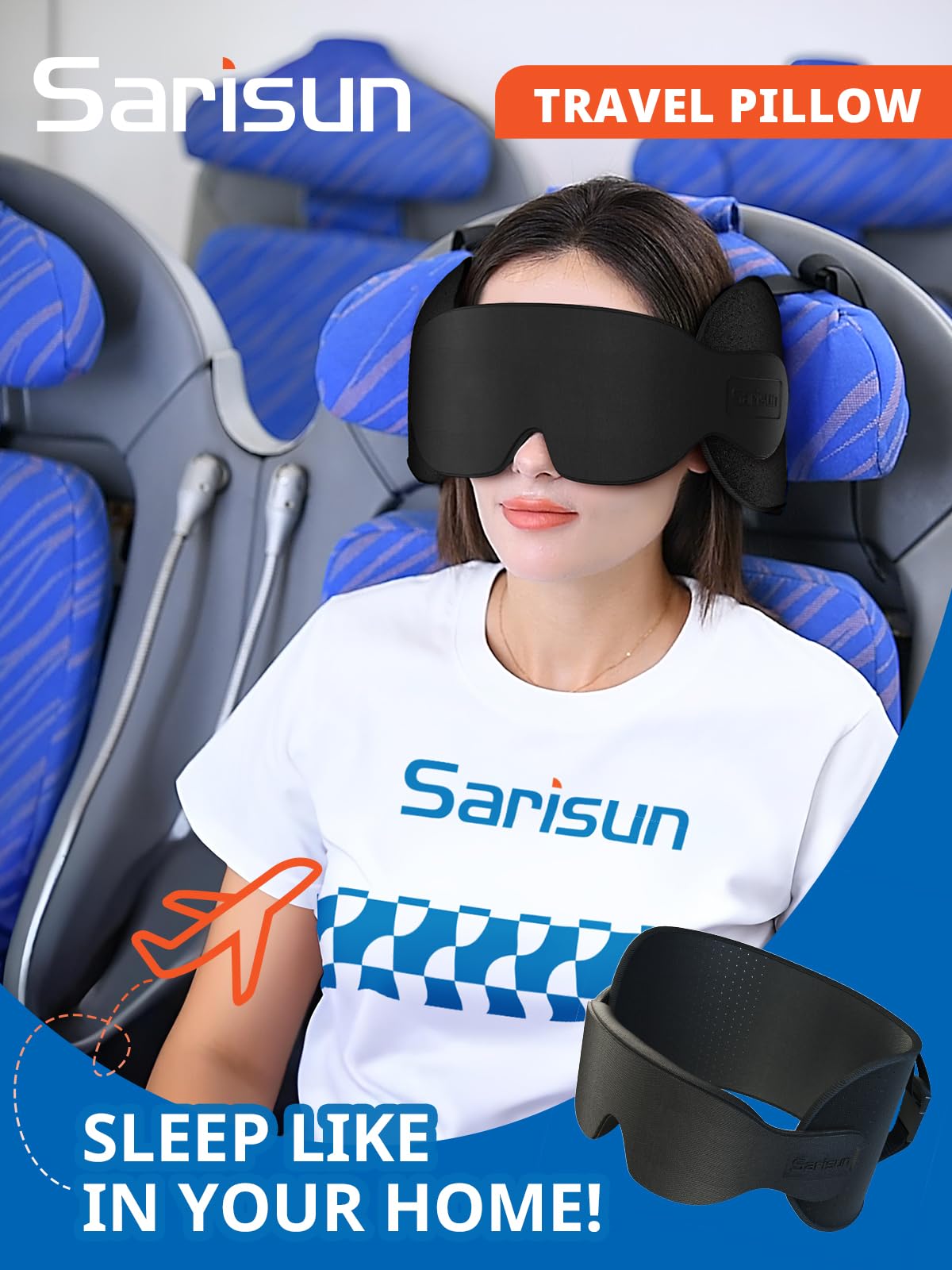 SARISUN Travel Pillow for Airplanes, Ultra-Thin Breathable Airplane Pillow Alternative, Airplane Head Strap with 3D Sleep Eye Mask, 360° Support for Long Flight, Work for Seats with Headrest, Black