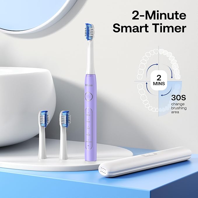 Bitvae Ultrasonic Electric Toothbrush for Adults and Kids, ADA Accepted Travel Toothbrush with Rechargeable 60-Day Battery Life, 5 Modes, 8 Heads, Case, Holder, Purple