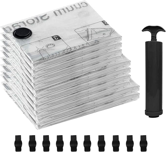 10 Pack Vacuum Seal Bags for Clothing - 2 Large, 4 Medium, 4 Small Vacuum Storage Bags with Hand Pump, Travel Essentials for Home Organization and Space Saving Storage